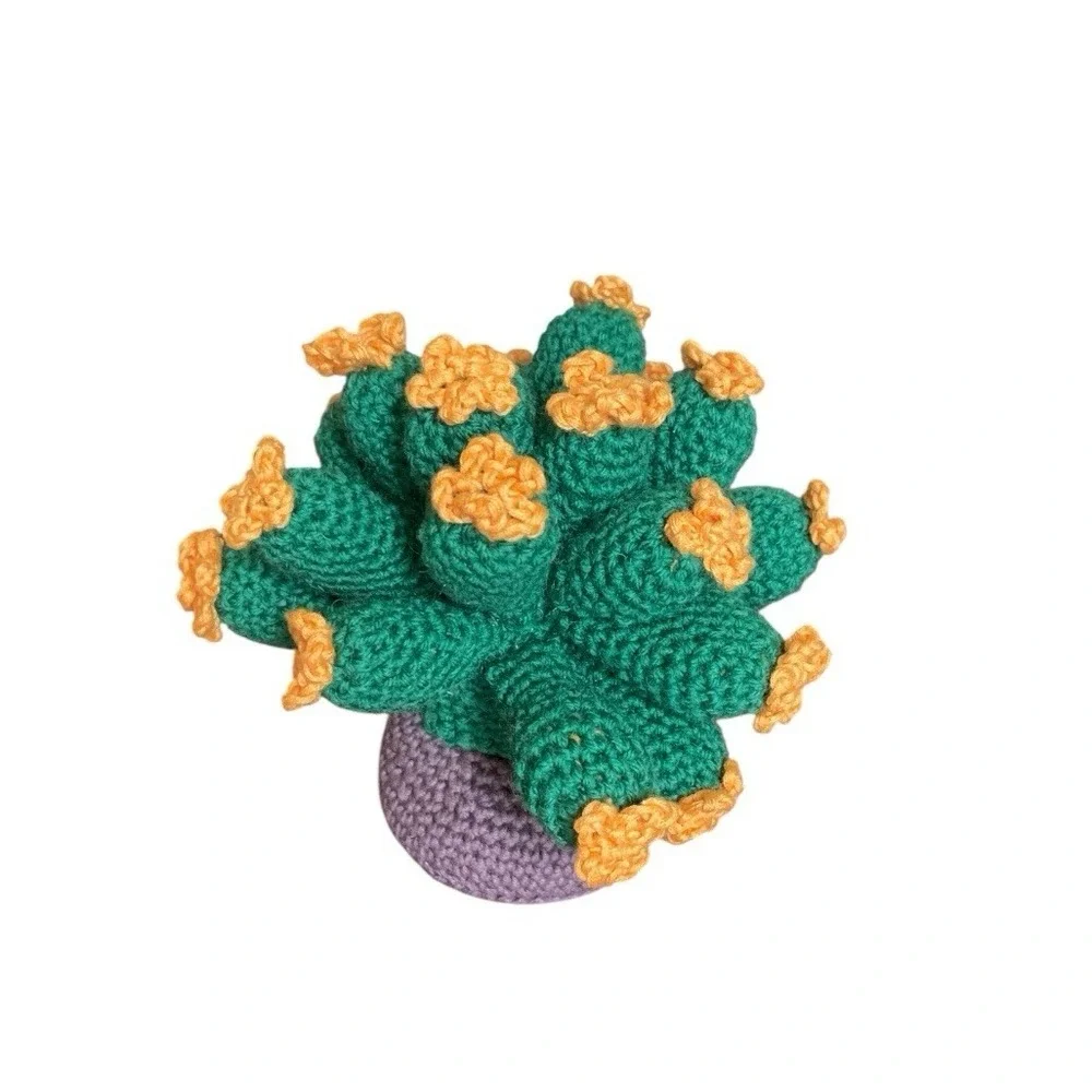 Handmade Blooming Cactus Crochet Succulent with Orange Flowers Desk‎ Decor